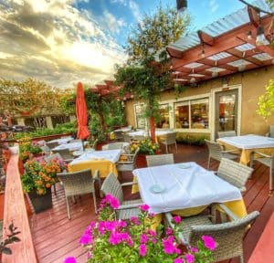 Stunning patio with flowers at the Nirvana Indian Restaurant in Houston