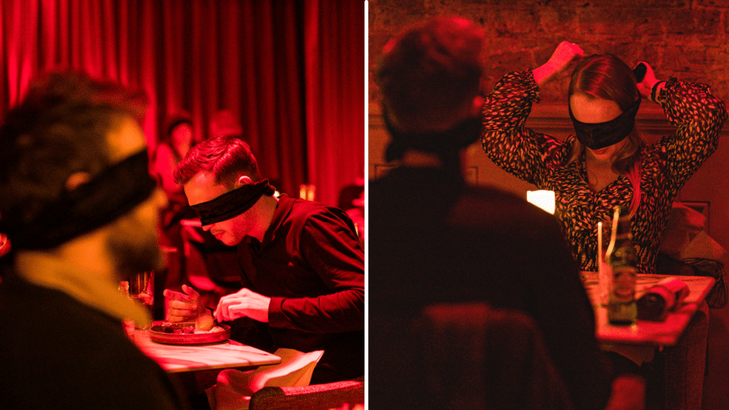 two images of dining in the dark event showcasing diners with blindfolds on and eating in a red light