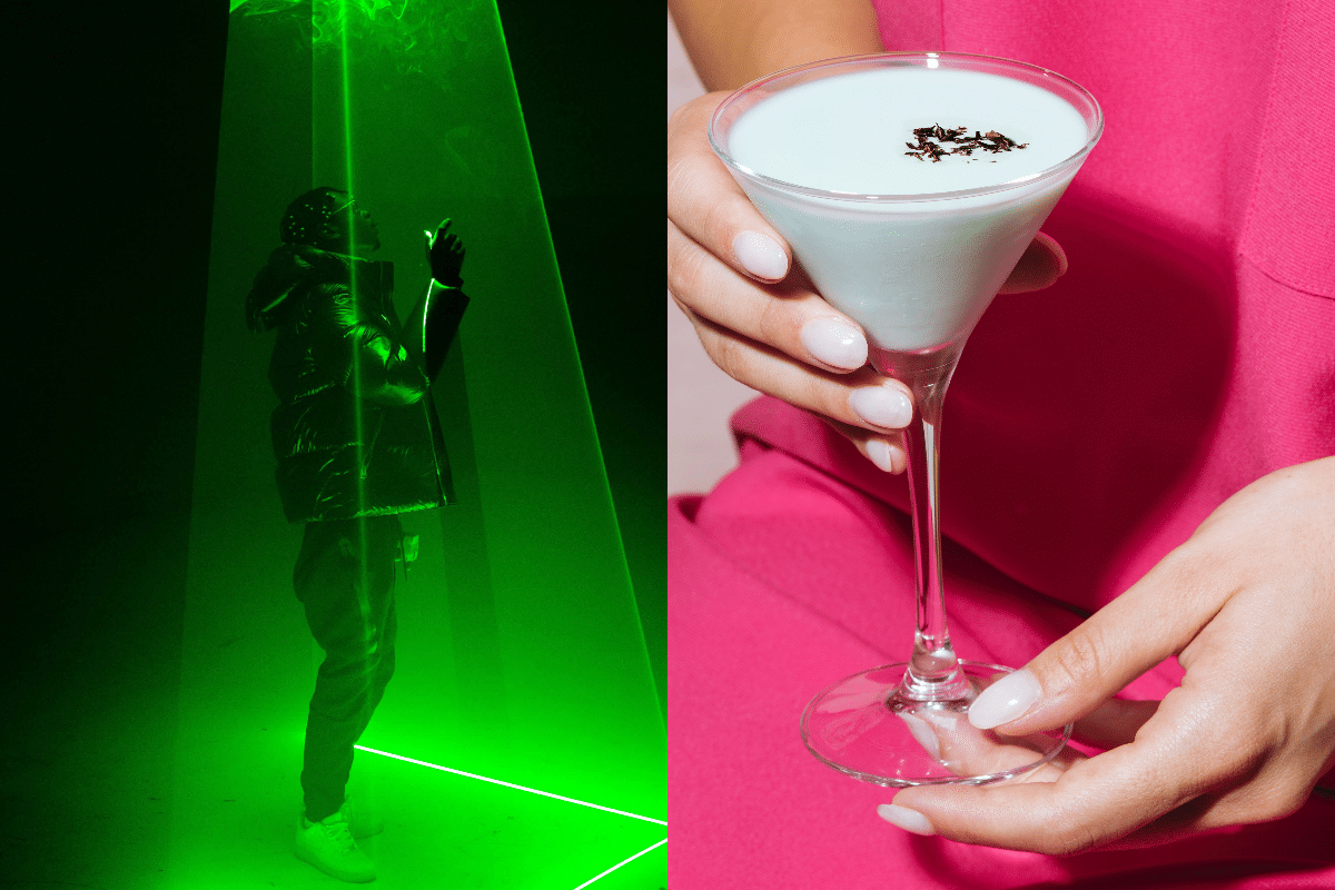 Left image: A man stood under green lasers Right: a woman holding a cocktail 