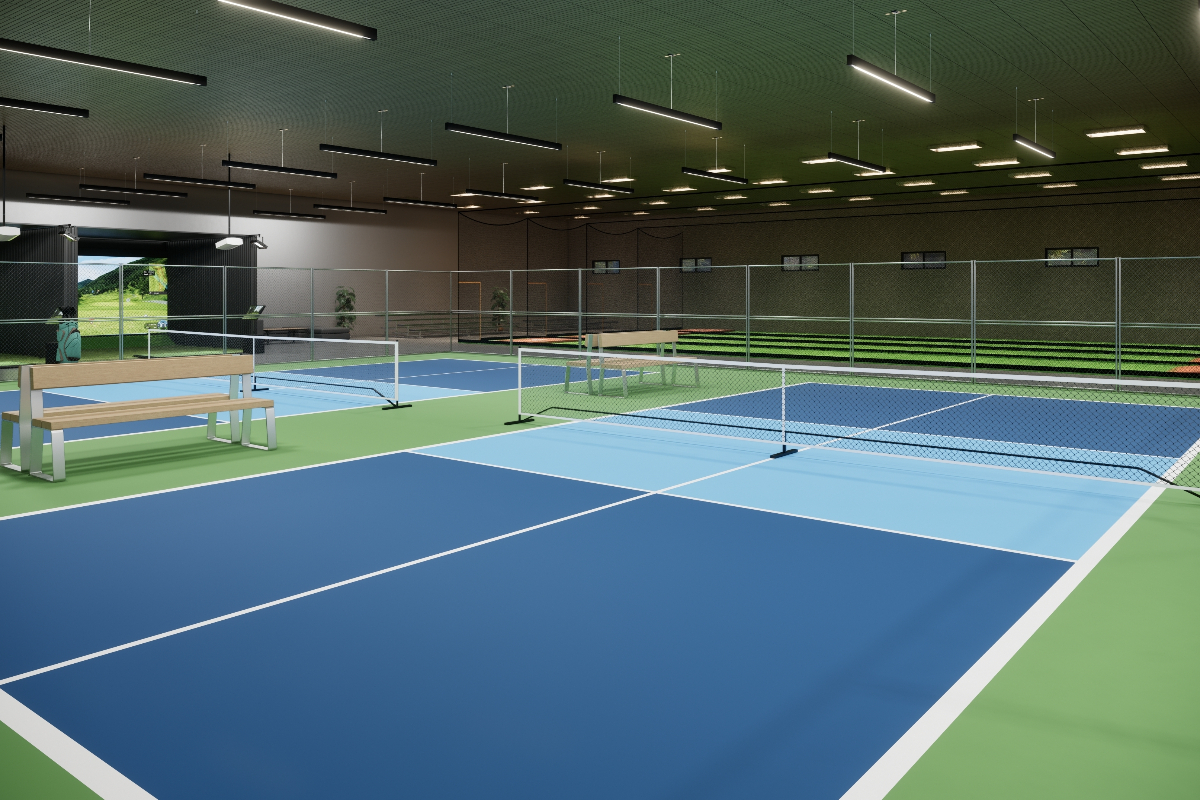 Image shows an indoor pickleball facility in an undisclosed location.